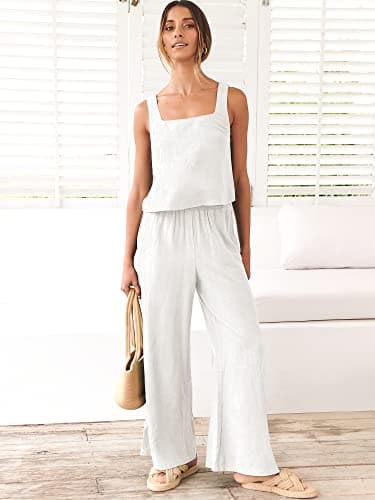 ANRABESS Women's 2 Piece Outfits Linen Pants Jumpsuit Matching Lounge Set Casual Summer Beach Vacation Trendy Clothes White Small - Image 9