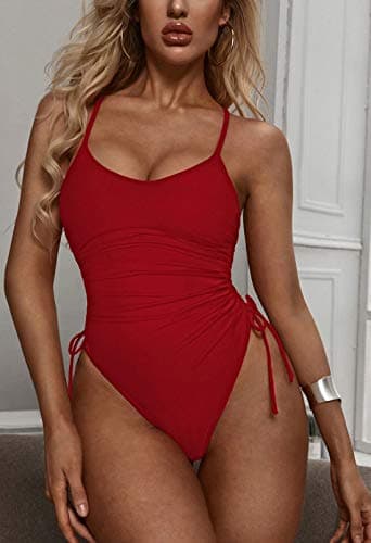 Viottiset Women's Ruched Drawstring One Piece Swimsuit High Cut Bathing Suit Red Large - Image 5