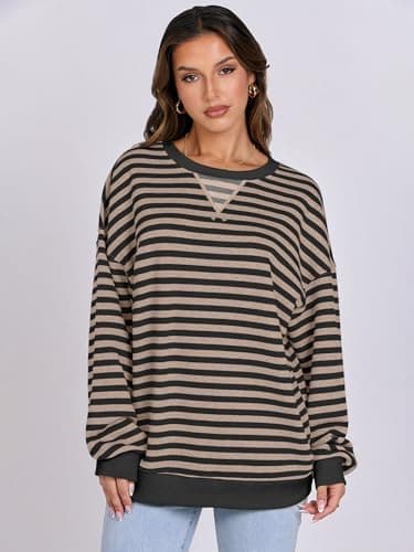 ANRABESS Women Striped Sweatshirts Oversized Crewneck Long Sleeve Shirts Y2K Pullover Top 2025 Fall Outfits Fashion Clothes Black Grey Large - Image 7