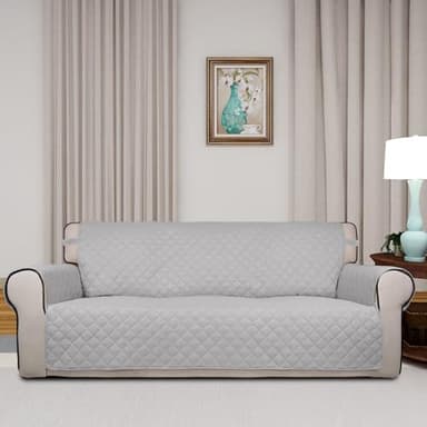 PureFit Reversible Quilted Sofa Cover, Water Resistant Slipcover Furniture Protector, Washable Couch Cover with Non Slip and Elastic Straps for Kids, Dogs, Pets (Sofa, Light Gray/Light Gray) - Image 2