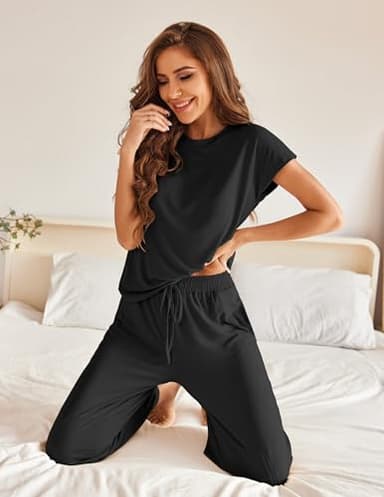 Ekouaer Pajamas for Women 2 Piece Lounge Sets Cap Sleeve Loungewear Top with Joggers Pants S-XXL Black - Image 4
