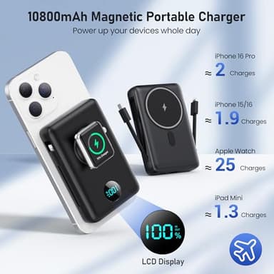 Magnetic Portable Charger for iPhone with Built-in Cables, 6-in-1 10800mAh Power Bank with iWatch Charger & LCD Display,25W PD Fast Charging Battery Pack for Magsafe,iPhone 16/15/14/13/12,Apple Watch - Image 2
