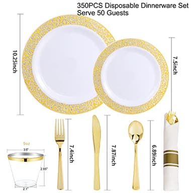 WELLIFE 50 Guests Dinnerware Sets, Gold Plastic Plates,Platos Para Fiestas Elegantes Desechables Include:50 Dinner Plates, 50 Dessert Plate, 150 Pcs Gold Plastic Silverware, 50 Cups for Party - Image 2