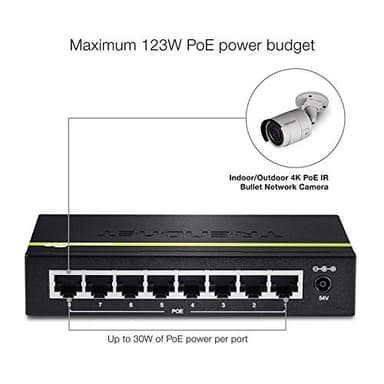 TRENDnet 8-Port Gigabit PoE+ Switch, TPE-TG80G, 8 x Gigabit PoE+ Ports, 123W PoE Power Budget, 16 Gbps, Ethernet Splitter, NDAA & TAA Compliant, Metal, Lifetime Protection, Black - Image 4