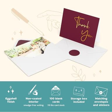 VNS Creations Gold Foil Thank You Cards With Envelopes Bulk Set & Stickers - 100 Pack 4x6 Blank Thank You Notes Box Set - Large Note Card Small Business, Wedding, Baby Shower & Bridal Shower - Wine - Image 5