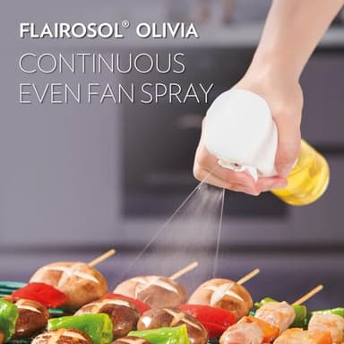 FLAIROSOL OLIVIA. The Original Advanced Oil Sprayer for Cooking, Kitchen, Salads, BBQs, Continuous Spray with Portion Control, 130ml Glass Olive Oil Sprayer(White Print) - Image 3