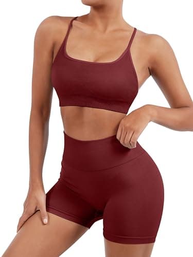 SUUKSESS Women Seamless 2 piece Workout Sets Strappy Padded Sports Bra Booty High Waisted Shorts Outfits (Wine Red,S) - Image 5