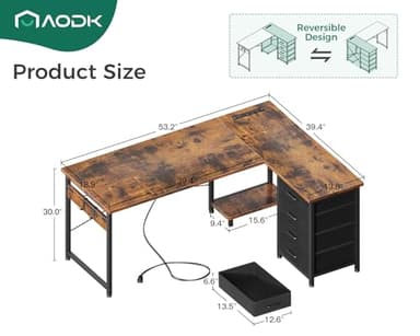AODK L Shaped Desk with 4 Tier Drawers, 53" Reversible Gaming Desk with Power Outlets, L Shaped Computer Desk with USB Charging Port and Host Stand, Home Office Corner Desk, Easy to Assemble, Vintage - Image 3