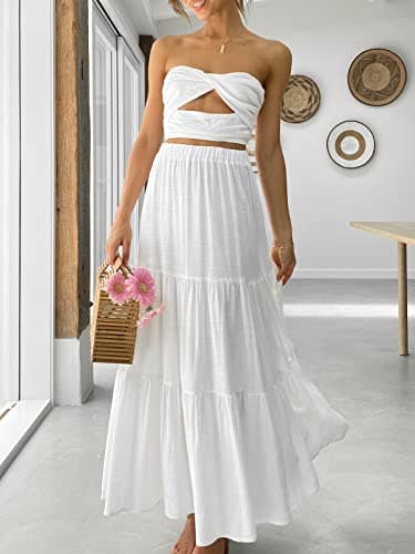 ANRABESS Women’s Summer Boho Flowy Swing Tiered A-Line Maxi Skirt 2025 Fashion Trendy Elastic Waist Pleated Long Beach Dress with Pockets White X-Large - Image 2
