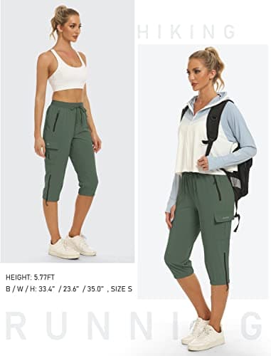 MoFiz Capris for Women Cargo Hiking Pants Lightweight Quick Dry Running Summer Athletic Workout Casual Outdoor Zipper with Pockets Army Green XL - Image 6