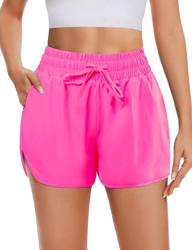 DDOBB High Waisted Running Shorts for Women with Pockets, 2.5" Black Athletic Workout Gym Yoga Spandex Dolphin Elastic Shorts Neon Pink Small - Image 1
