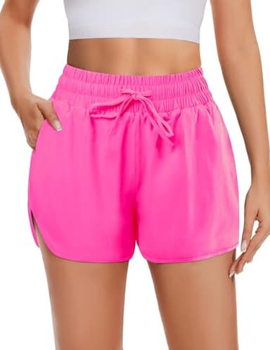 DDOBB High Waisted Running Shorts for Women with Pockets, 2.5" Black Athletic Workout Gym Yoga Spandex Dolphin Elastic Shorts Neon Pink Small - Image 1