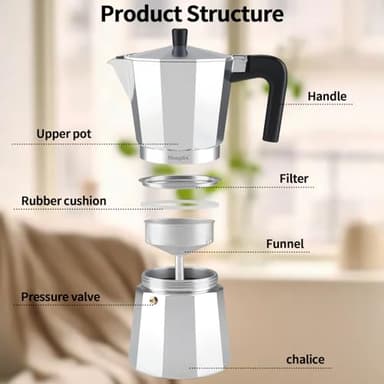 Mongdio Stovetop Espresso Maker Moka Pot, Stove Top Cuban Coffee Maker, Italian Greca Mocha Pot, 9 Espresso Cups, 15 oz - Silver - Image 2