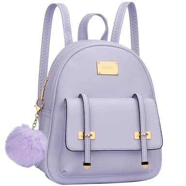 KKXIU Girls Small Backpack Purse Vegan Leather Mini Bookbag for Women Cute Teen Pompom Daypack (Small, Purple) - Image 1