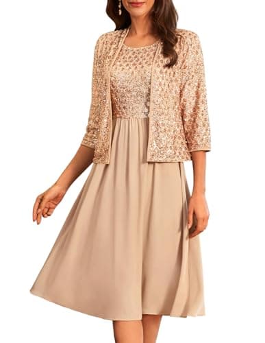 Gold Mother of The Bride Dresses Formal Wedding Party Dress Two Piece Dress with Chiffon Jacket Champagne L - Image 1