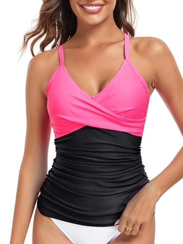 RELELCIGA Women’s Tankini Top V Neck Ruched Tummy Control Bathing Suit Top(Hot Pink+Black,S) - Image 1
