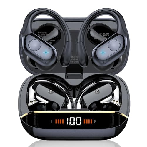Wireless Earbuds Bluetooth 5.4 Headphones 75H Playtime Stereo Deep Bass Sports Ear Buds with Earhooks, LED Display Bluetooth Earbuds with 4 ENC Mic, IP7 Waterproof Earphone for Workout/Running, Black - Image 1
