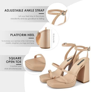 MIRAAZZURRA Platform Strappy Heel Sandals Square Open Toe Two Strap Chunky High Heeled Sandals with Buckle Ankle Strap for Women Party Wedding Dress - Image 6