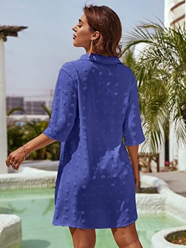 Blooming Jelly Womens Bathing Suit Coverups White Swiss Dot Beach Swim Cover Up Shirt Dress(Large,sapphire blue) - Image 4