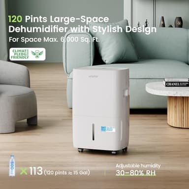 Waykar 120 Pints Energy Star Dehumidifier for Spaces up to 6,000 Sq. Ft at Home, in Basements and Large Rooms with Drain Hose and 1.14 Gallons Water Tank - Image 3