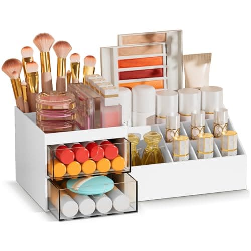 Subsky Makeup Organizer with Drawers, Easy Storage for Beauty Products Brushes, Multifunction Plastic Desk Organizer, Cosmetics Organizer for Countertop Dresser Vanity and Bathroom (White) - Image 1