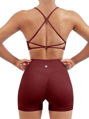 SUUKSESS Women Seamless 2 piece Workout Sets Strappy Padded Sports Bra Booty High Waisted Shorts Outfits (Wine Red,S) - Image 1
