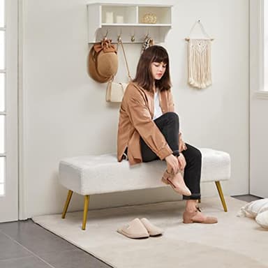 Yaheetech Modern Ottoman Bench Boucle Bench Upholstered Footrest for Living Room with Gold Metal Legs and Padded Seat Ivory - Image 2