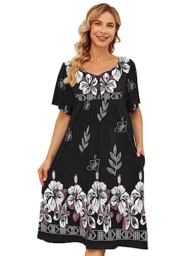 udforsk Grandma House Dress With Pockets Duster Housecoats Moo moo Dresses Loungers Plus Size Moos Nightgown Patio Summer Mumu dusters for women momo dresses robes womens nightgown Black L - Image 1