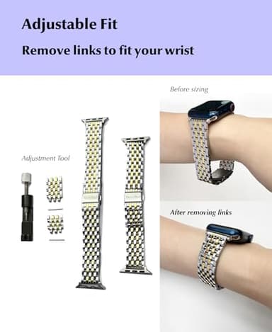 Seven-link Watch Bands for Apple Watch 10,Se,9,8,7,6,5,4,3,2,1 for Women, Dressy Stainless Steel Metal Band for Apple Watch 40mm 41mm 42mm 38mm for iWatch, Two-Tone Silver/Gold - Image 9