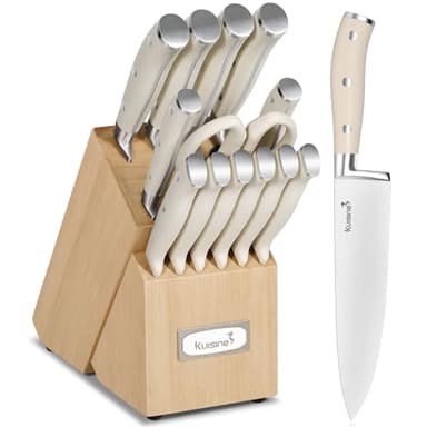 Kuisine Chef Knife Set,High Carbon Stainless Steel Sharp Knife Set Ergonomic Handle,Kitchen Knife Block Set with Built-in Sharpener(Ivory Pro,15PCS) - Image 1