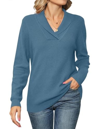 Ivicoer Sweaters for Women V-Neck Long Sleeve Pullover Casual Ladies Knit Collared Tops Fall Winter Work Classic Trendy Grey Blue - Image 1