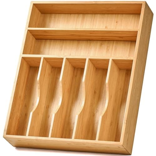 Umilife Bamboo Kitchen Drawer Organizer, 13 Inch Silverware Utensil Tray Holder, Extra Deep Grooved Drawer Divider, 7 Slots Total Bamboo Wood Caddy for Flatware Cutlery Knives, Forks, Spoons - Image 1