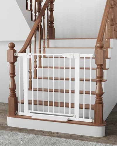 Cumbor 29.7-40.6" Baby Gate for Stairs, Mom's Choice Awards Winner-Dog Gate for Doorways, Pressure Mounted Auto-Close Pet Gates for Dogs Indoor, Safety Child Gate with Easy Walk Thru Door, White - Image 1
