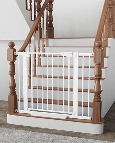 Cumbor 29.7-40.6" Baby Gate for Stairs, Mom's Choice Awards Winner-Dog Gate for Doorways, Pressure Mounted Auto-Close Pet Gates for Dogs Indoor, Safety Child Gate with Easy Walk Thru Door, White - Image 1