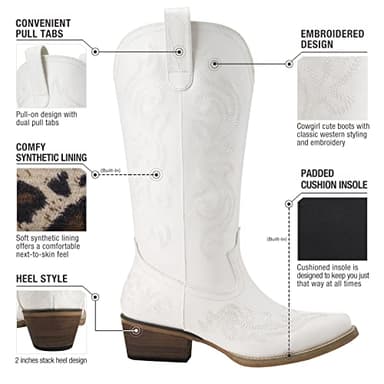 HISEA Rollda Cowboy Boots for Women Western Cowgirl Boots with Chunky Heel Ladies Snip Toe Mid-Calf Boots White Size 8 - Image 3