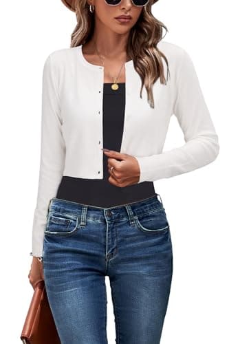 Newshows White Cardigan for Women Fall Lightweight 2025 Long Sleeve Crew Neck Button Down Knit Business Bolero Shrug Sweaters Cropped Clothes(White, Small) - Image 1