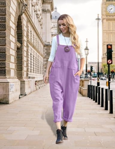 YESNO Women Long Casual Loose Bib Pants Overalls Baggy Rompers Jumpsuits with Pockets (2XL PV9 Light Purple) - Image 3