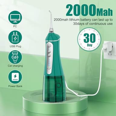 Water Dental flosser for Teeth Cleaning - Rechargeable Cordless Oral Irrigator 4 Modes 6 Tips IPX 7 Waterproof Portable Teeth Cleaner Pick for Home Trave(Green) - Image 3