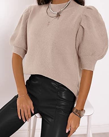 Women's Puff Short Sleeve Sweater Tops 2025 Spring Summer Trendy Crew Neck Casual T Shirts Blouses A-Beige - Image 3
