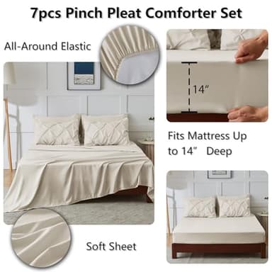 CozyLux King Size Comforter Set Beige, 7 Pieces Bed in A Bag Beige Comforter King Size, Pinch Pleat Bedding Set with All Season Comforter, Sheets, Pillowcases & Shams - Image 6