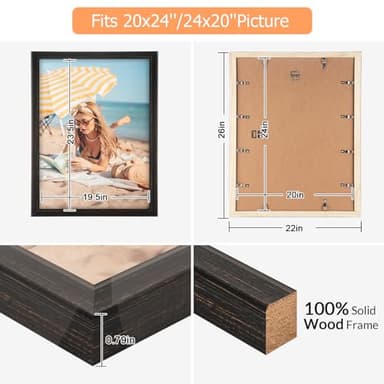 20x24 Wood Frame Black, Rustic Natural Wooden 24x20in Poster Picture Frame, Distressed 20 x 24inch Woodgrain Gallery Photo Frame with HD Plexiglass, Horizontal Vertical Wall Mounting Display 1pcs - Image 5
