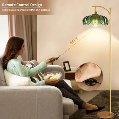 Gold Floor Lamps for Living Room,Glass Floor Lamp with Remote Control & Green Lampshade,Arc Flower Floor Lamp Dimmable Mid Century Modern Standing Lamp Vintage Brass Tall Lamp For Bedroom Corner - Image 4