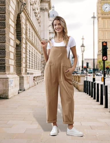 YESNO Women Long Casual Loose Bib Pants Overalls Baggy Rompers Jumpsuits with Pockets (S PV9 Camel) - Image 2