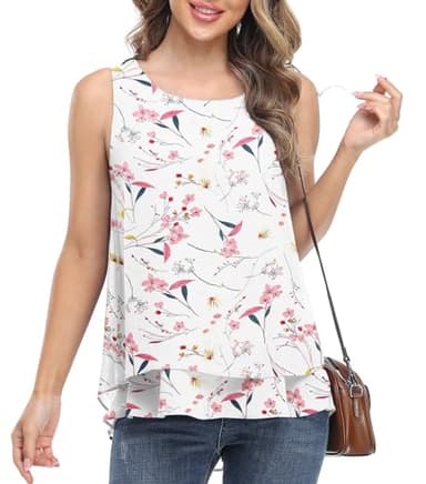 Jouica Summer Sleeveless Blouses for Women Business Casual Chiffon Tank Tops Flowy Loose Blouses,FenHua White,Medium - Image 4