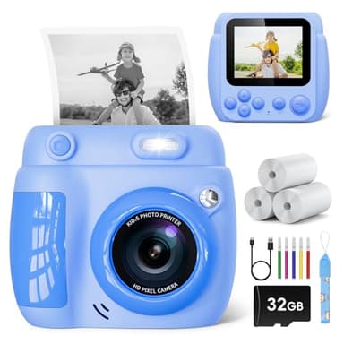 Kids Camera Instant Print, Christmas Birthday Gifts Toys for 3-10 Year Old Boys Girls, 1080P Video 20MP Toddler Digital Camera with 3 Rolls Paper & 32GB Card - Blue - Image 1