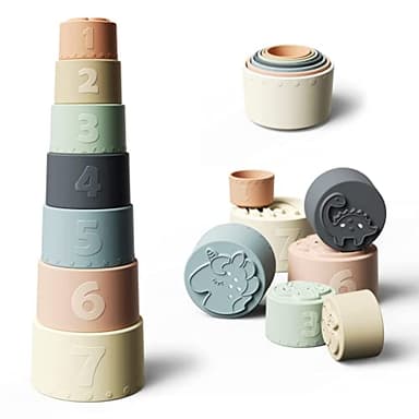 Moonkie Stacking Cups Toy, Fun Educational Baby Toys Silicone Soft Teething Toy, Age 6+ Months, 7 Piece Set - Image 1