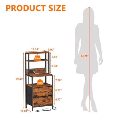 Furnulem Night Stand, Tall Nightstand with 4-Tier Shelves, 2 Fabric Drawers and Light Tube, Bed Side Tables with Charging Station, Bedside Table for Bedroom, Office, Rustic Brown - Image 2
