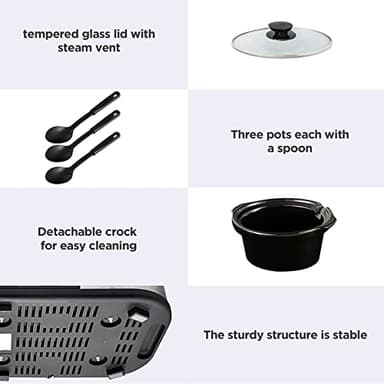Sunvivi Slow Cooker, Triple Slow Cooker Buffet Server and Food Warmer, 3-Section 1.5-Quart Upgraded Oval Ceramic Pot with Stainless Steel Lid Rests, 3 Spoons, Total 4.5 QT - Image 3