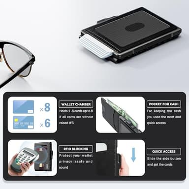 umoven Wallet for Men - Pop Up Case, Cash Slot, and Credit Card Slot - Slim Aluminum Wallet with RFID Blocking, Minimalist Leather Wallet Front Pocket with ID Window (Black) - Image 2