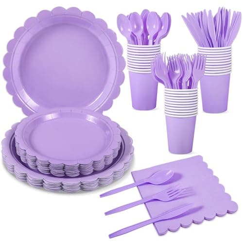 Xiangqu 175 Pcs Lavender Paper Plates and Napkins, Light Purple Party Supplies Include Scalloped Lavender Plates Napkin Cup Plastic Cutlery for Garden Party, Baby Shower, Wedding, Birthday - Image 1
